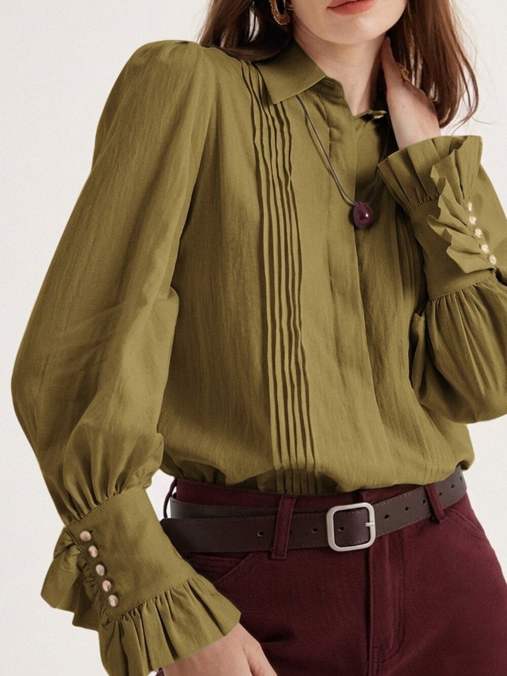 Green Casual Women's Style French Pleated Lapel Button Decor Long Sleeve Shirt